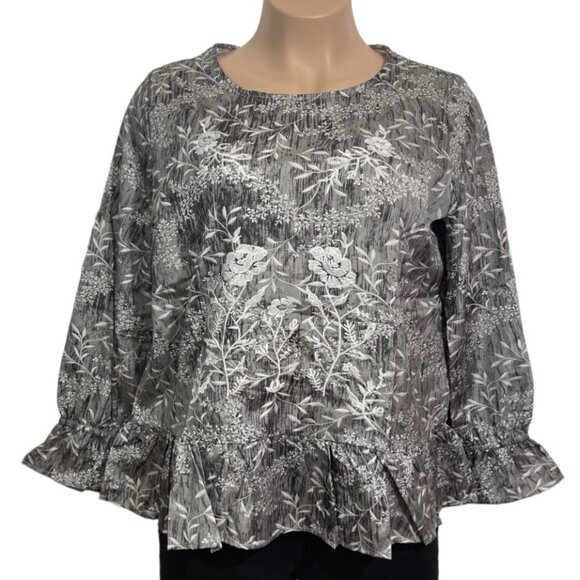 LA BELLUM HILLARY SCOTT Floral Ruffled Top Women's XL Grey Embroidered Scoop NWT - Picture 9 of 15